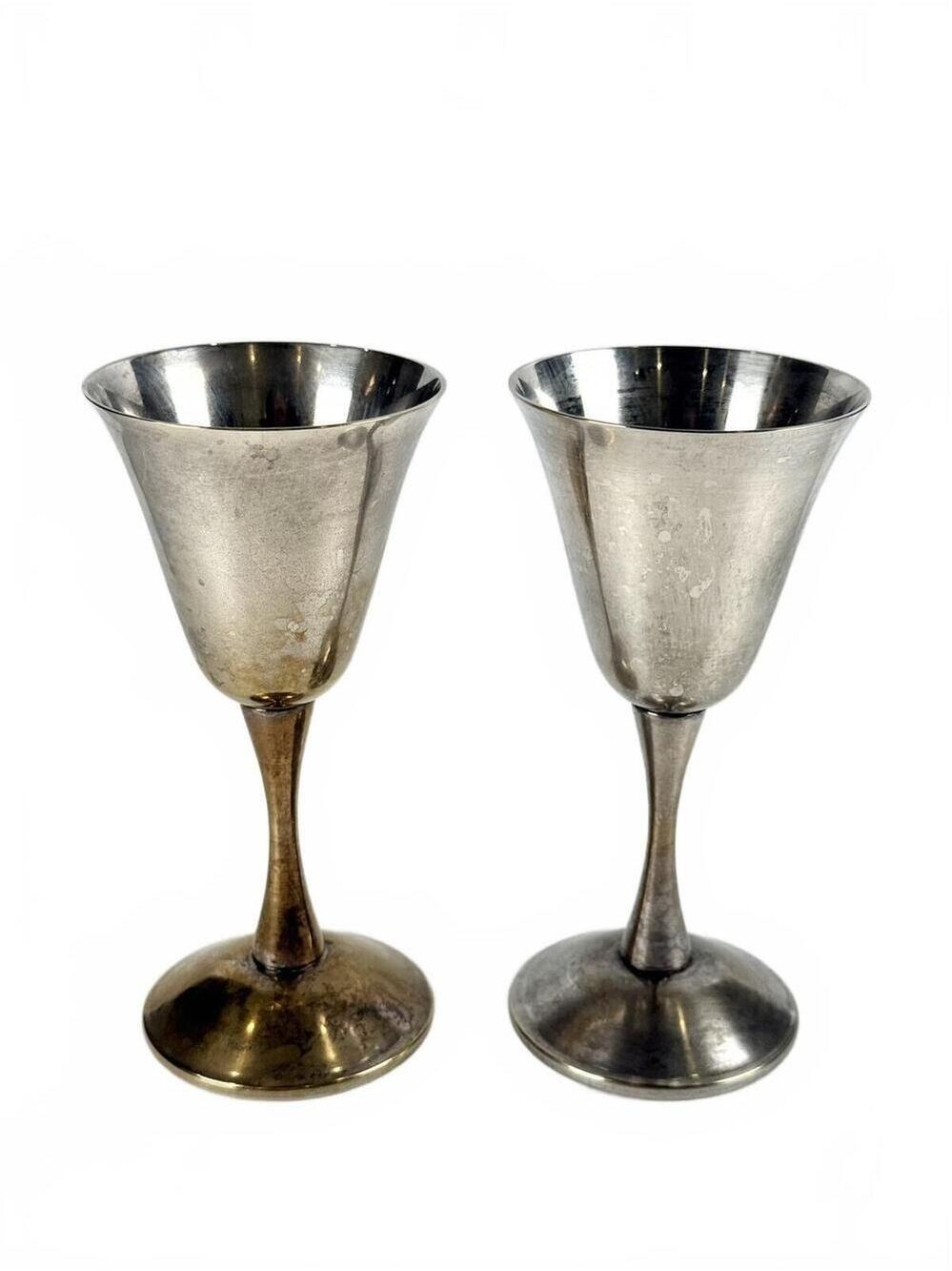 Set of 2 Made in Spain EP Brass Silver Plate Goblet Cups Mid Century Modern 5 in